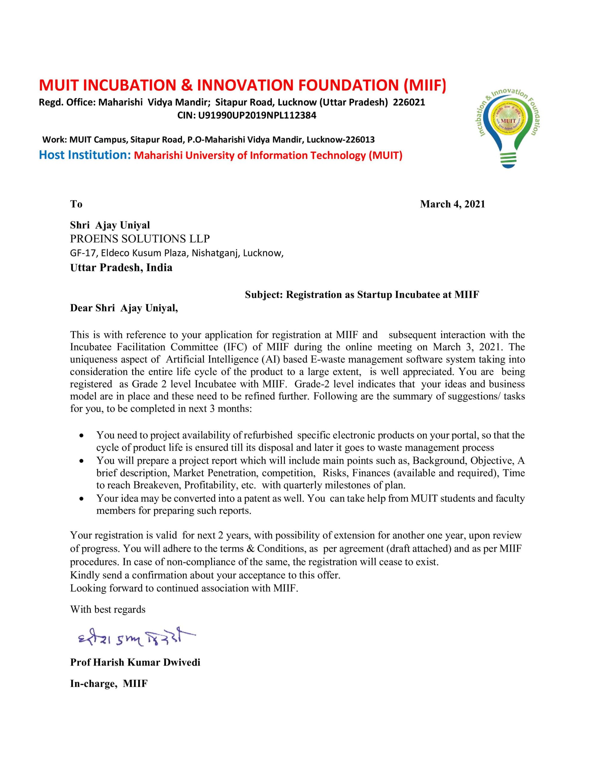 Incubation Letter from MUIT